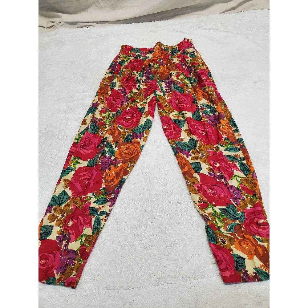Vintage Floral Print High Rise Waist Tapered Pants Medium Grandma Retro Artsy